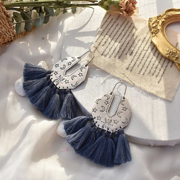 Moon and Star Crescent Tassels Earrings - Picture 6 of 12